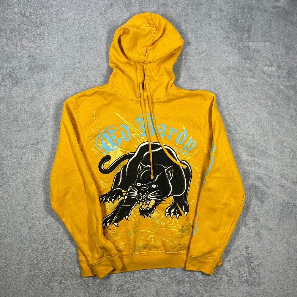 Ed Hardy Crouching Panther Hoodie Mens M Yellow Tattoo Graphic EHM1300-55